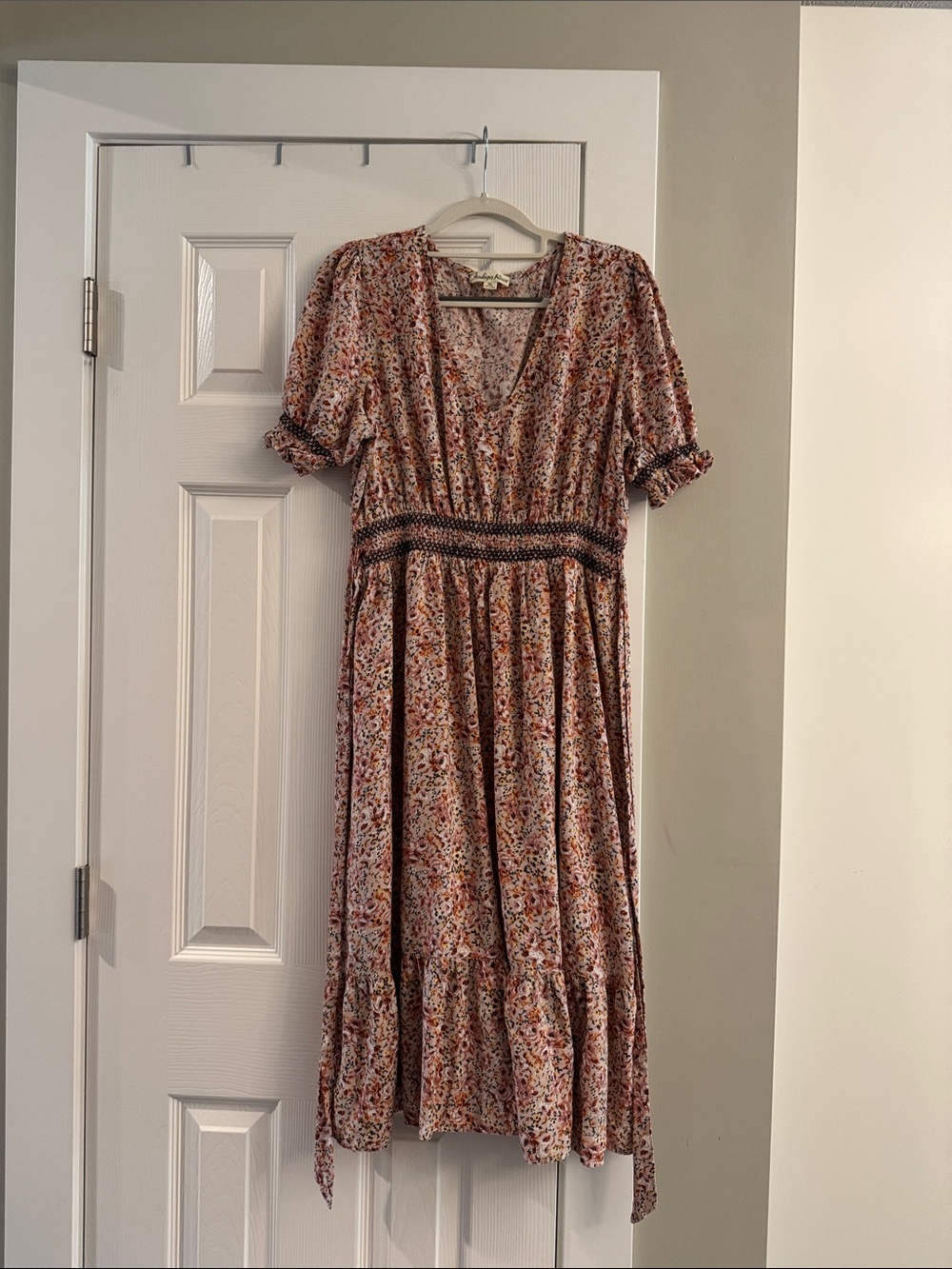 Smocked Waist Floral V-Neck Midi Dress - Pink Floral